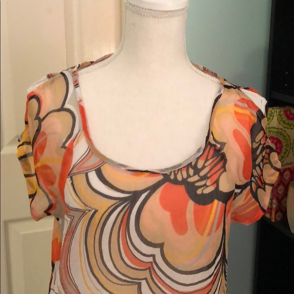 Worthington EUC Floral Cold Shoulder Semi Sheer Petite Blouse